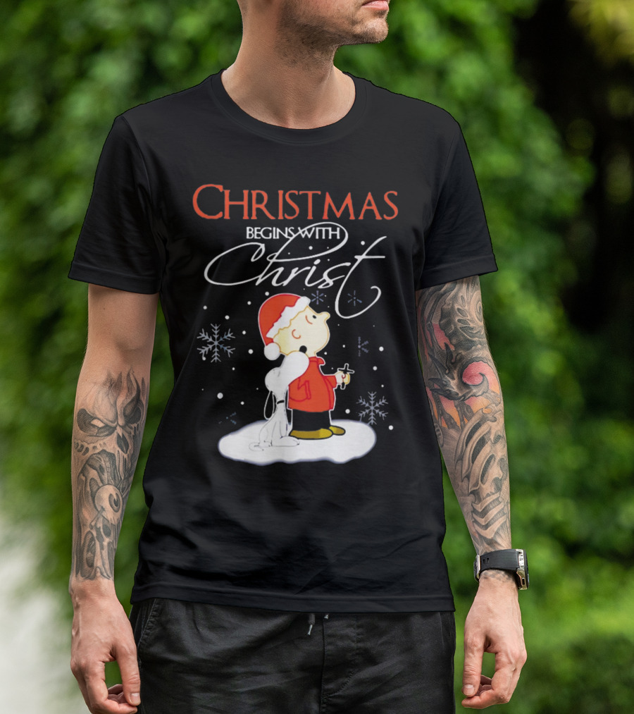 Christmas Begins With Christ Xmas Holiday Boy And Dog With Snowflakes T-Shirt