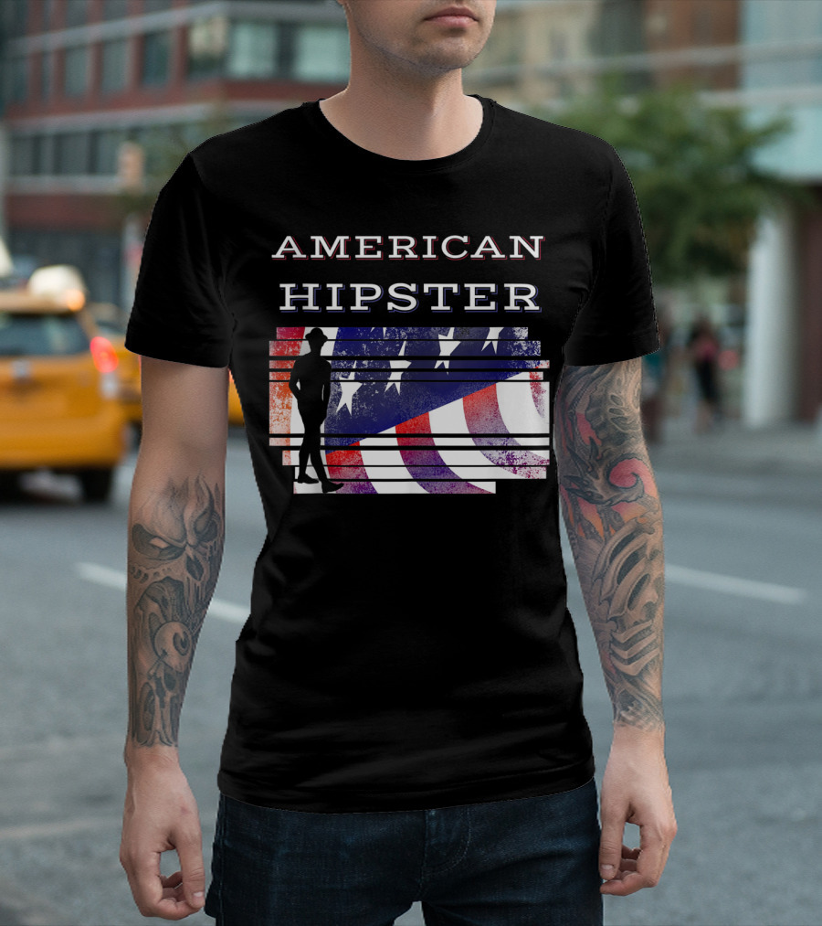 American Hipster Silhouette with Distressed US Flag Background T-Shirt
