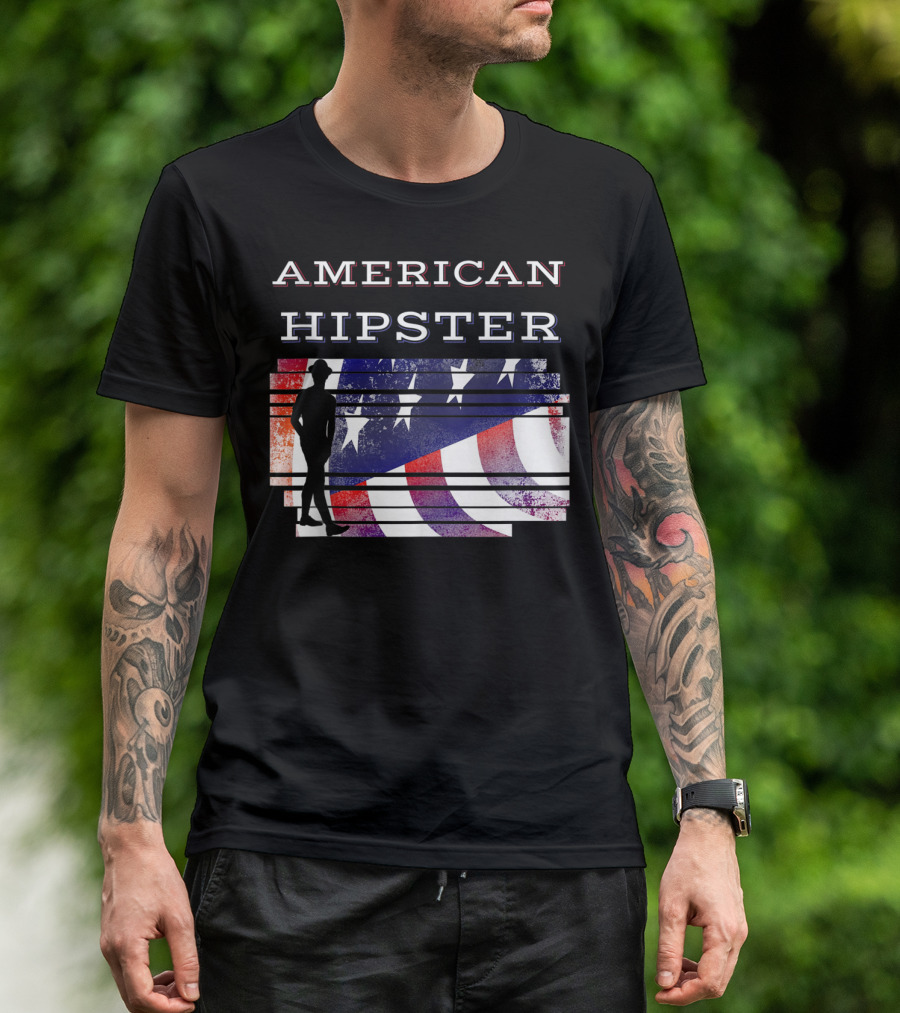 American Hipster Silhouette With Distressed US Flag Background T-Shirt