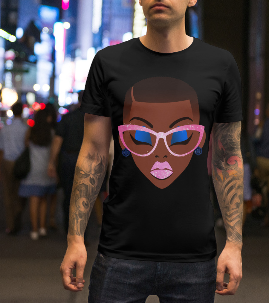Beautiful Afro Black Girl With Natural Hair Pink Sparkle Glasses T-Shirt
