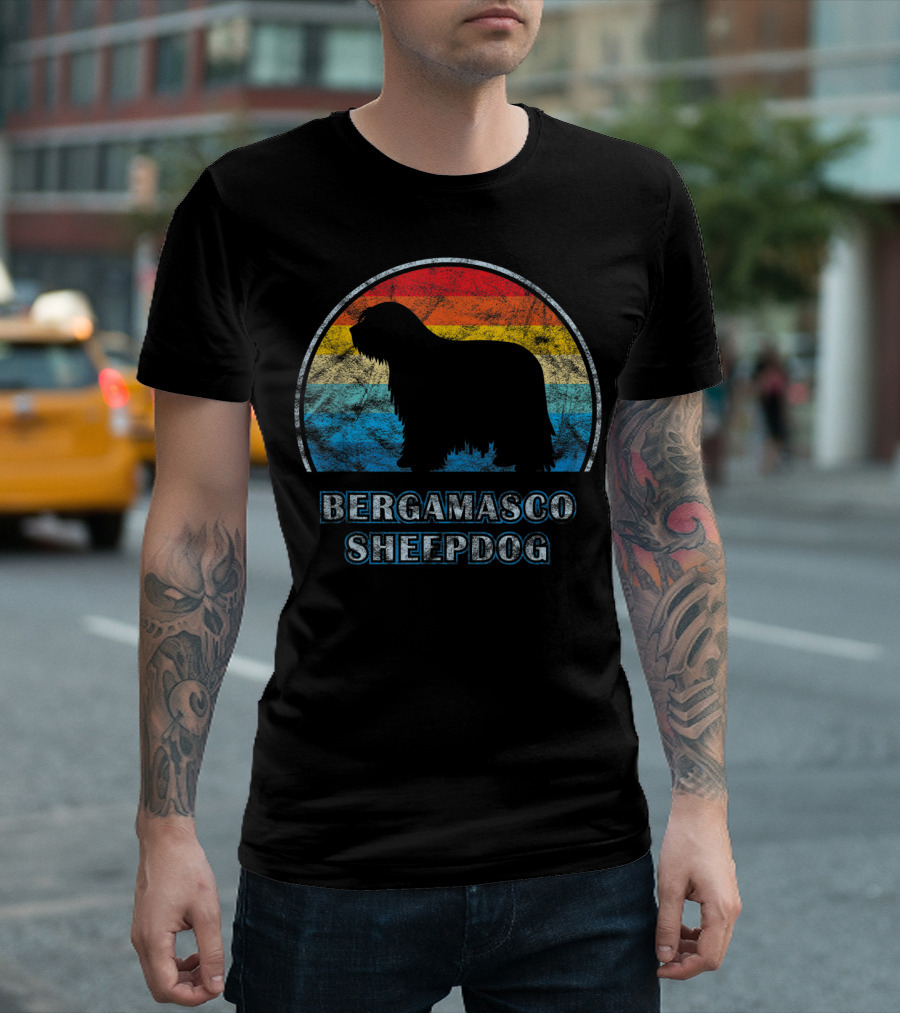 Bergamasco Sheepdog Retro Silhouette Vintage Stripes T-Shirt