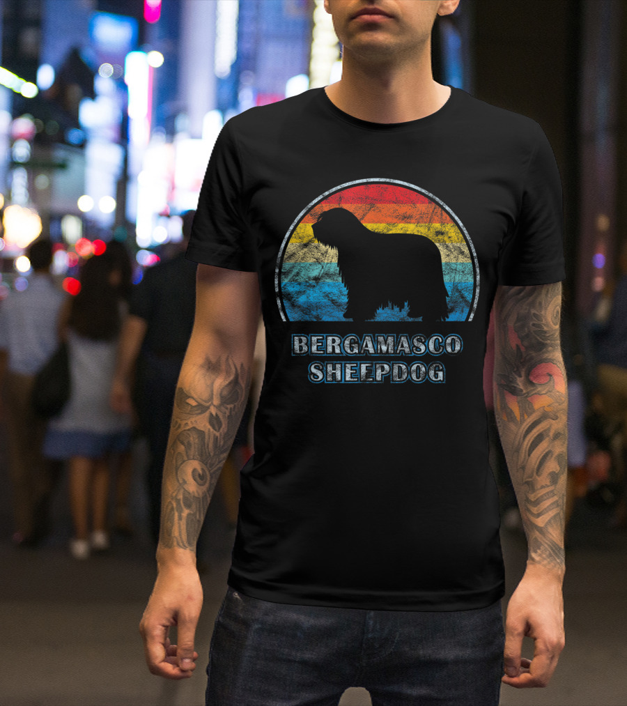 Bergamasco Sheepdog Retro Silhouette Vintage Stripes T-Shirt