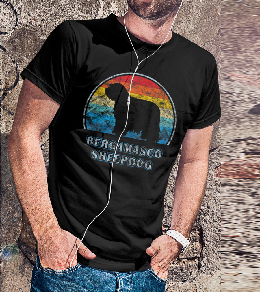 Bergamasco Sheepdog Retro Silhouette Vintage Stripes T-Shirt