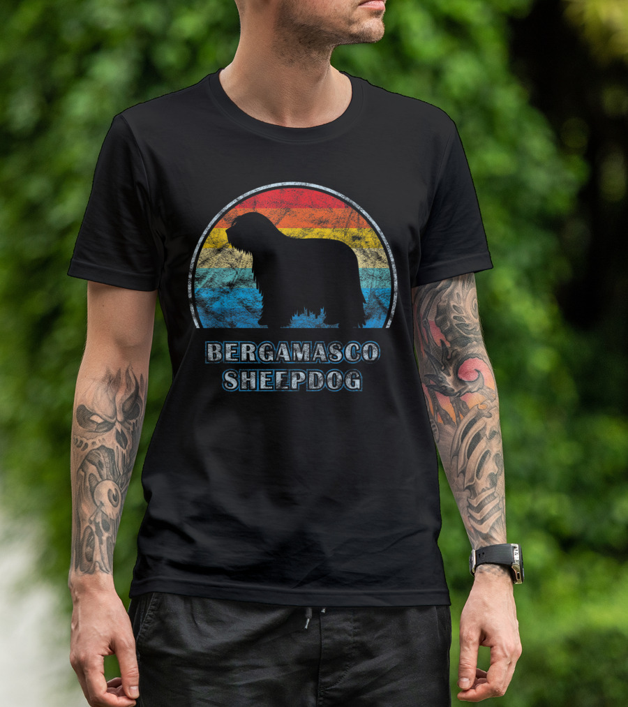 Bergamasco Sheepdog Retro Silhouette Vintage Stripes T-Shirt