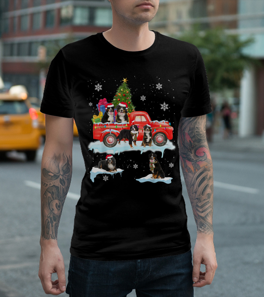 Bernese Mountain Dogs Christmas Red Truck Snowflakes T-Shirt
