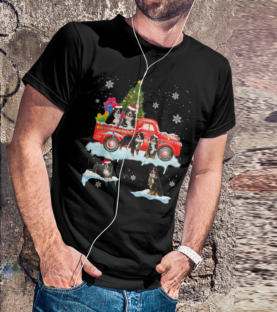 Bernese Mountain Dogs Christmas Red Truck Snowflakes T-Shirt