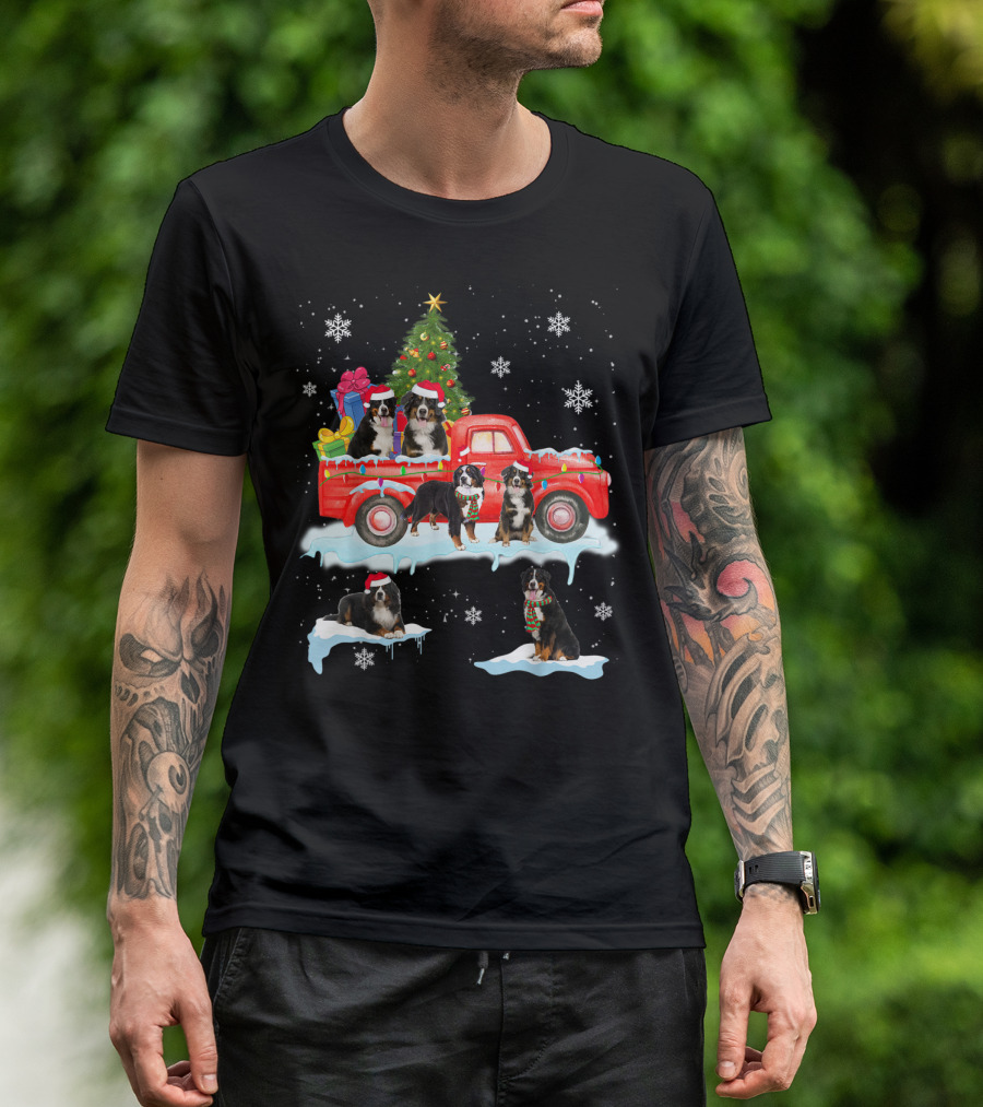 Bernese Mountain Dogs Christmas Red Truck Snowflakes T-Shirt