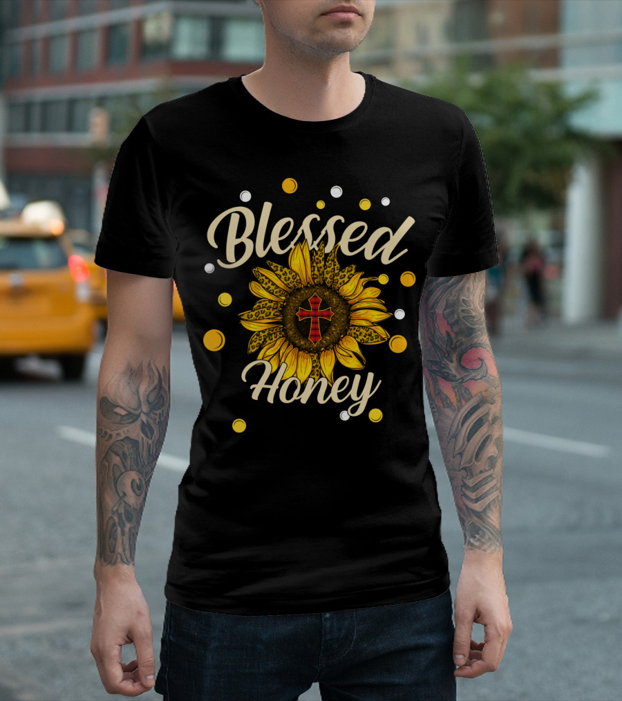 Blessed Honey Sunflower with Cross and Polka Dots T-Shirt