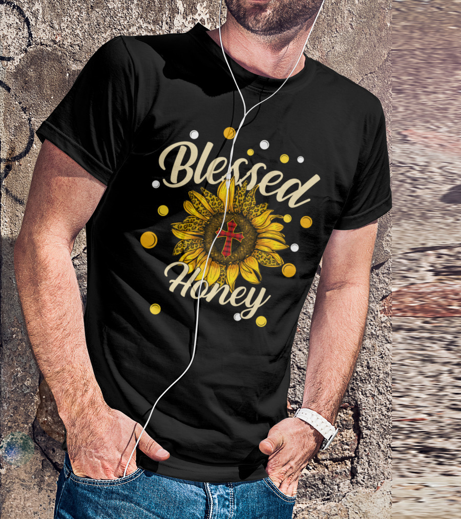 Blessed Honey Sunflower With Cross And Polka Dots T-Shirt