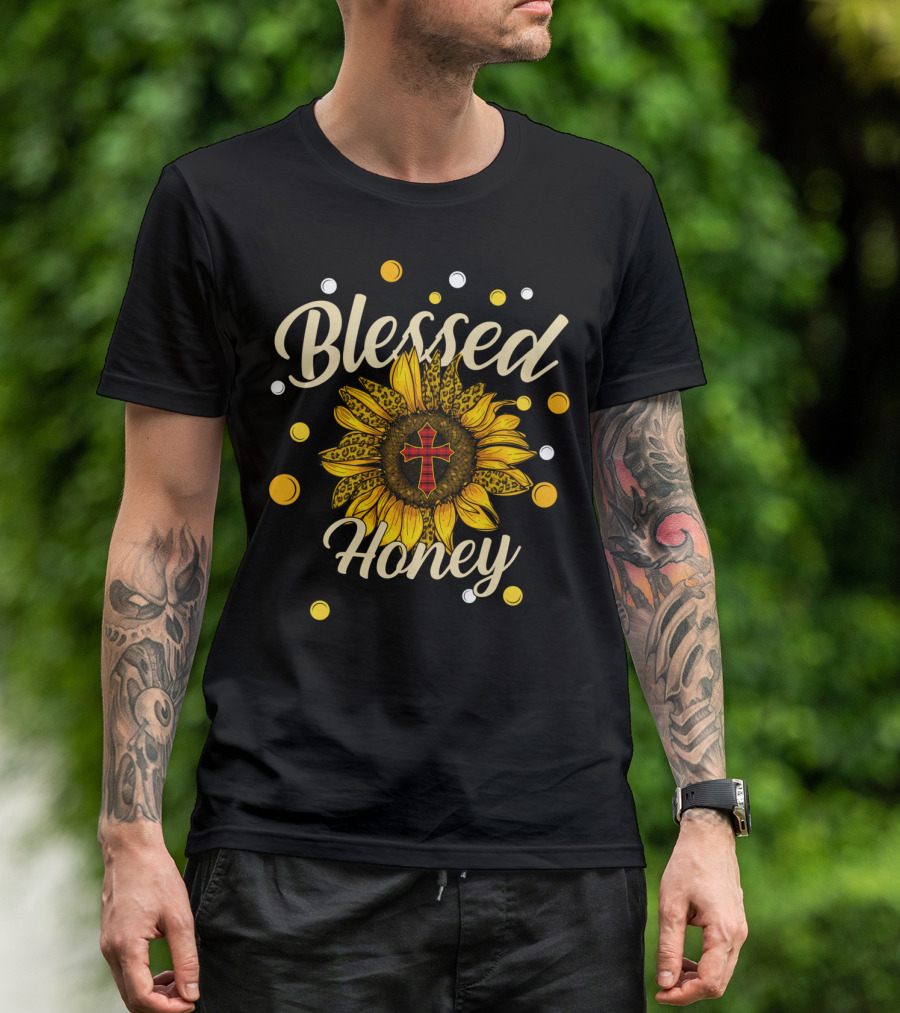 Blessed Honey Sunflower With Cross And Polka Dots T-Shirt