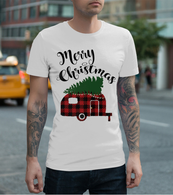 Merry Christmas Buffalo Plaid Camper With Tree T-Shirt