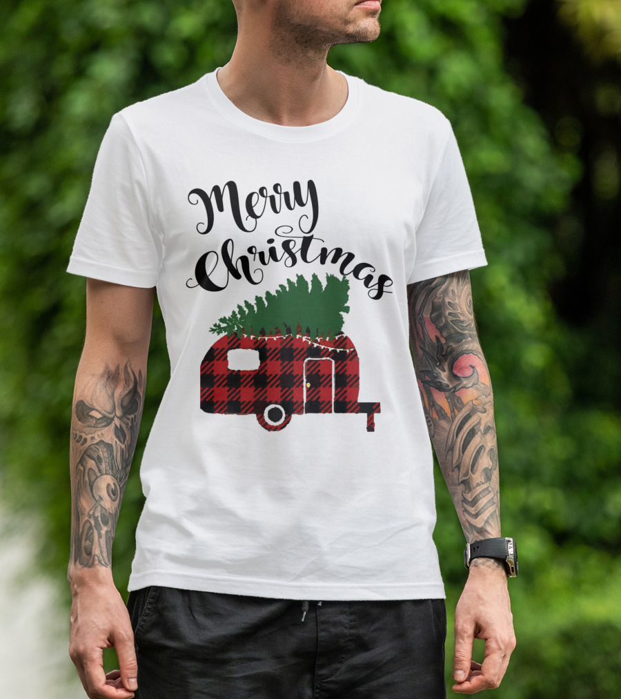 Merry Christmas Buffalo Plaid Camper With Tree T-Shirt