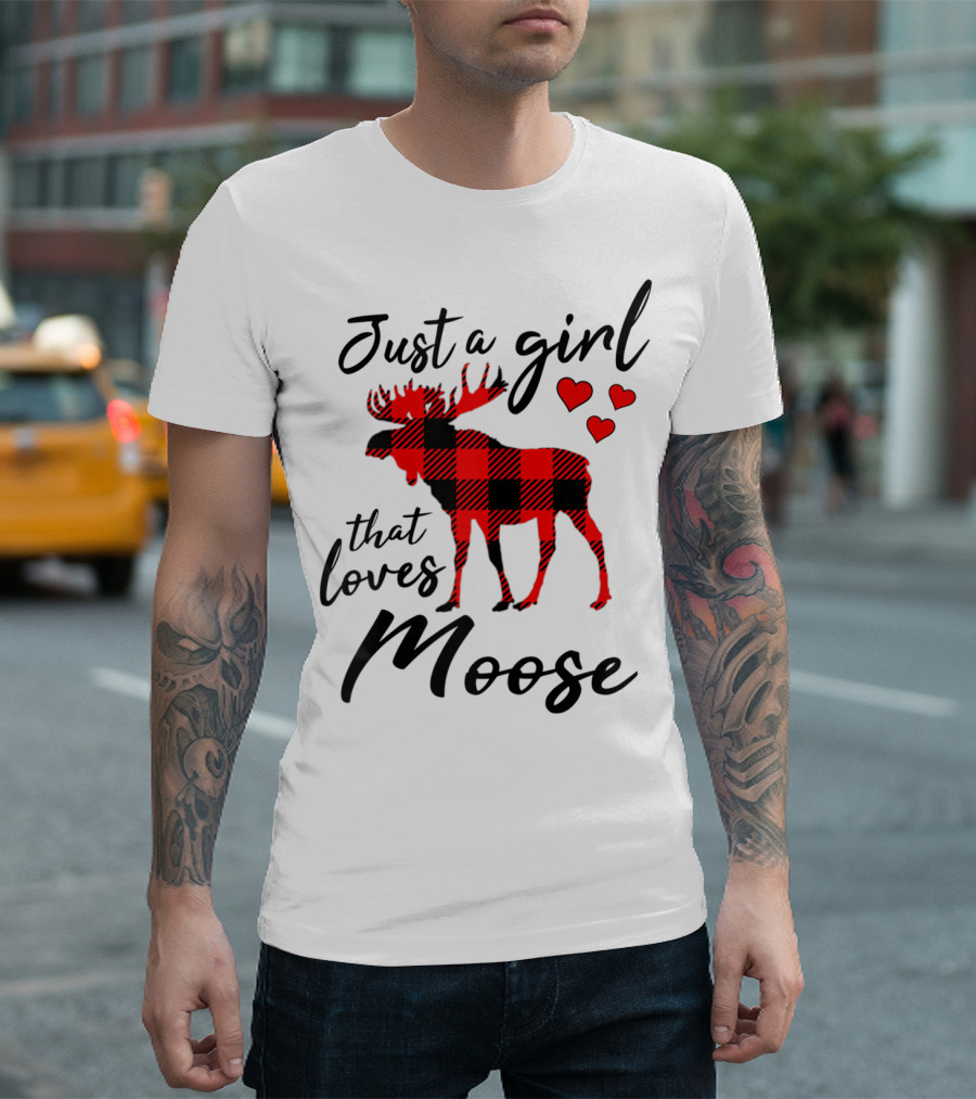 Just A Girl That Loves Moose Buffalo Plaid Hearts T-Shirt