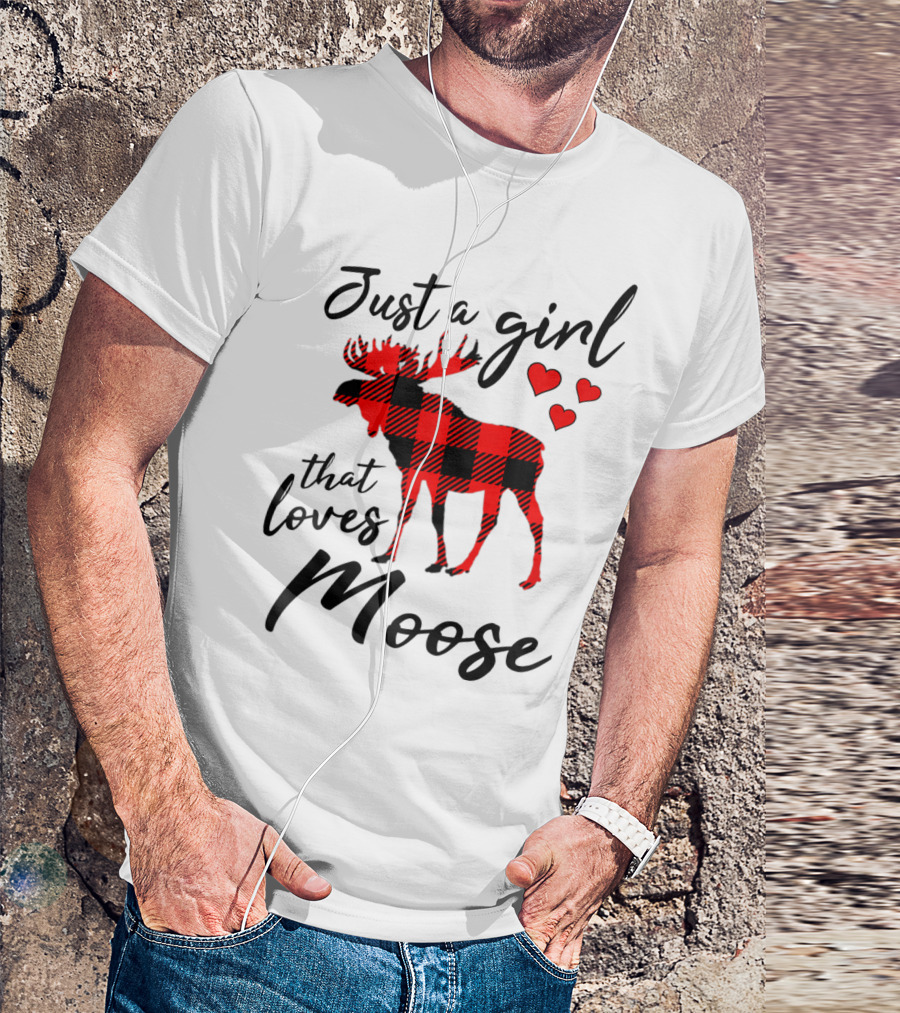 Just A Girl That Loves Moose Buffalo Plaid Hearts T-Shirt