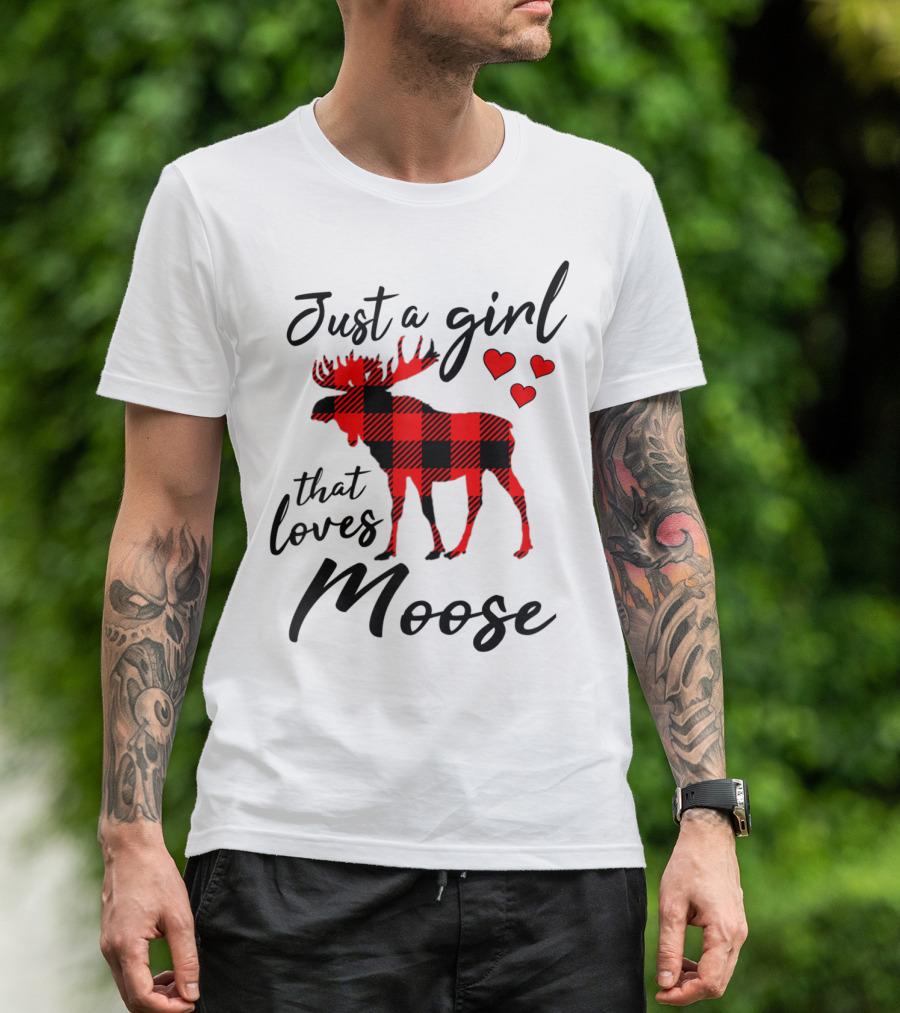 Just A Girl That Loves Moose Buffalo Plaid Hearts T-Shirt