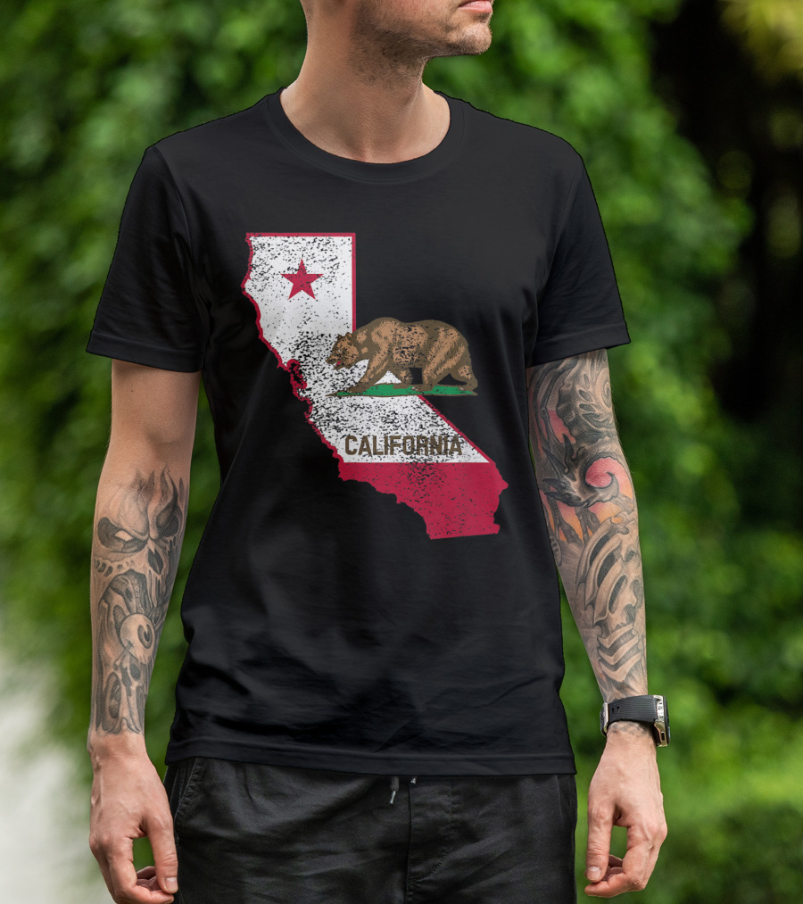 California Flag Bear And Star On State Outline T-Shirt