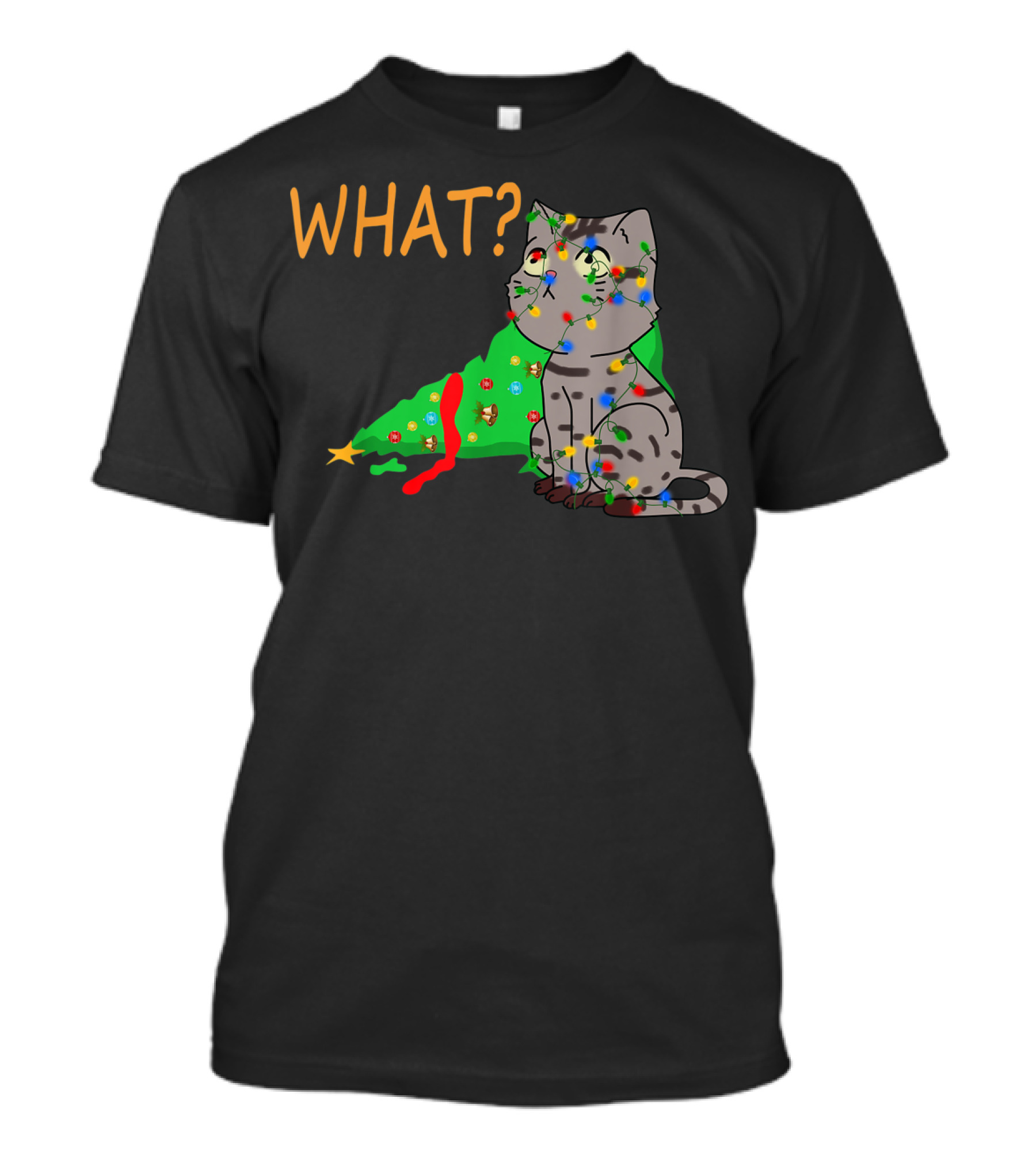 WHAT Funny Black Cat Christmas Tree T-Shirt