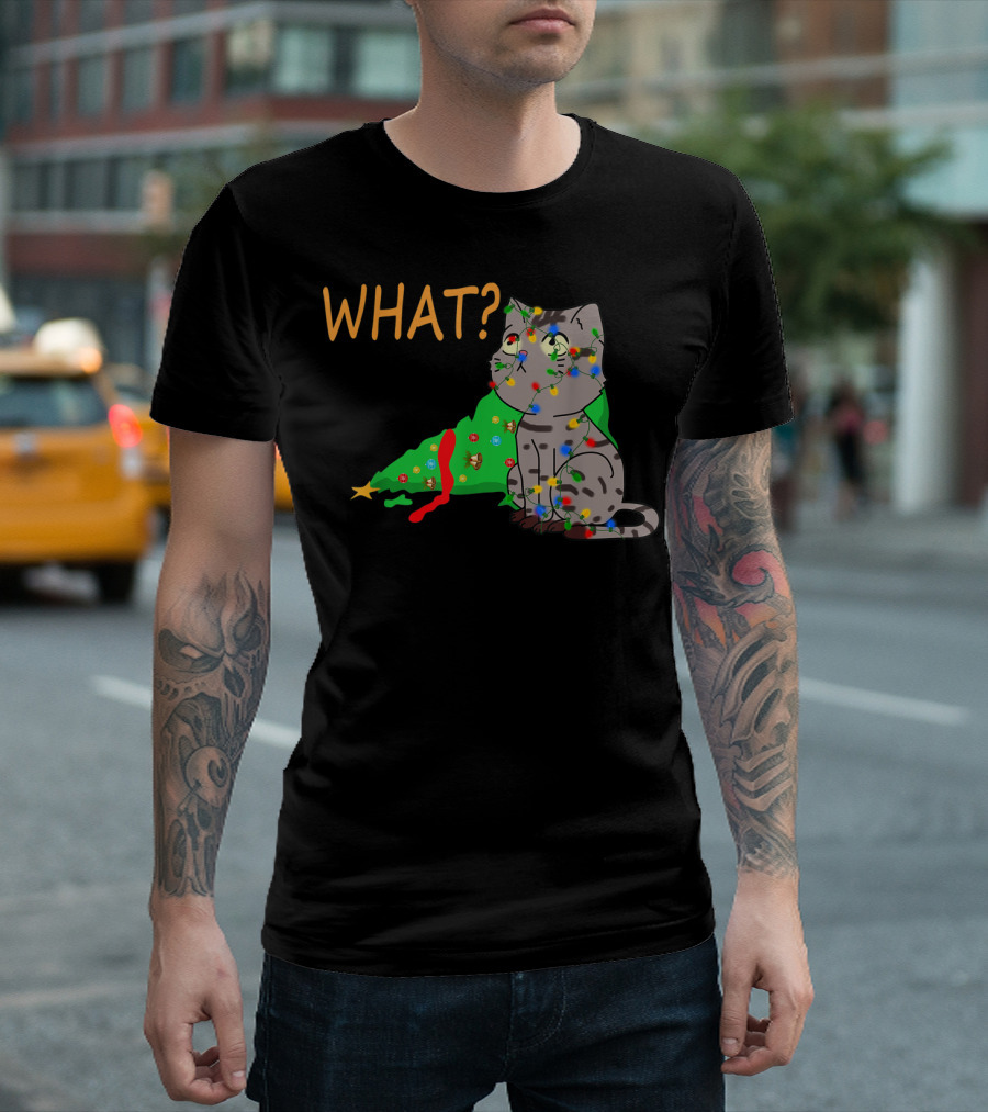 WHAT Funny Black Cat Christmas Tree T-Shirt