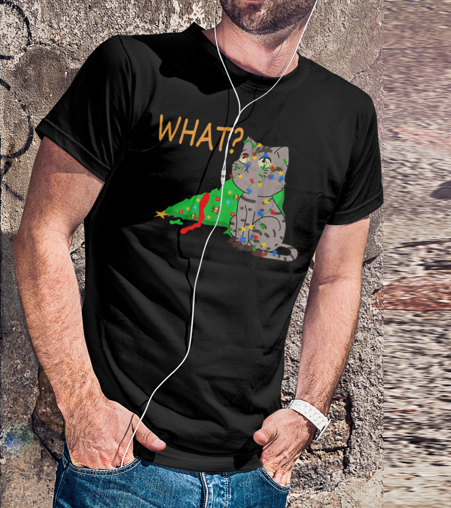 WHAT Funny Black Cat Christmas Tree T-Shirt