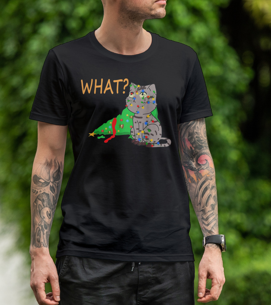 WHAT Funny Black Cat Christmas Tree T-Shirt