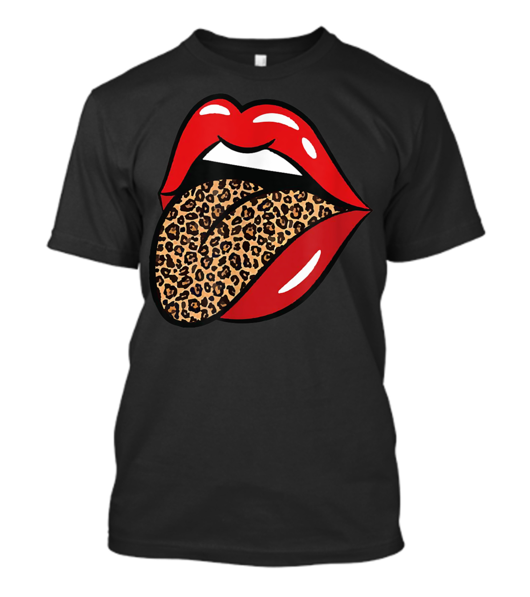 Chic Red Lips Leopard Print Tongue Rock Roll T-Shirt