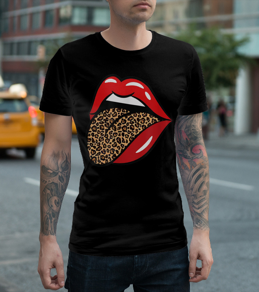 Chic Red Lips Leopard Print Tongue Rock Roll T-Shirt