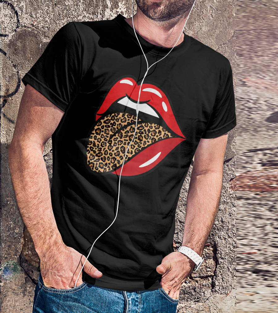 Chic Red Lips Leopard Print Tongue Rock Roll T-Shirt