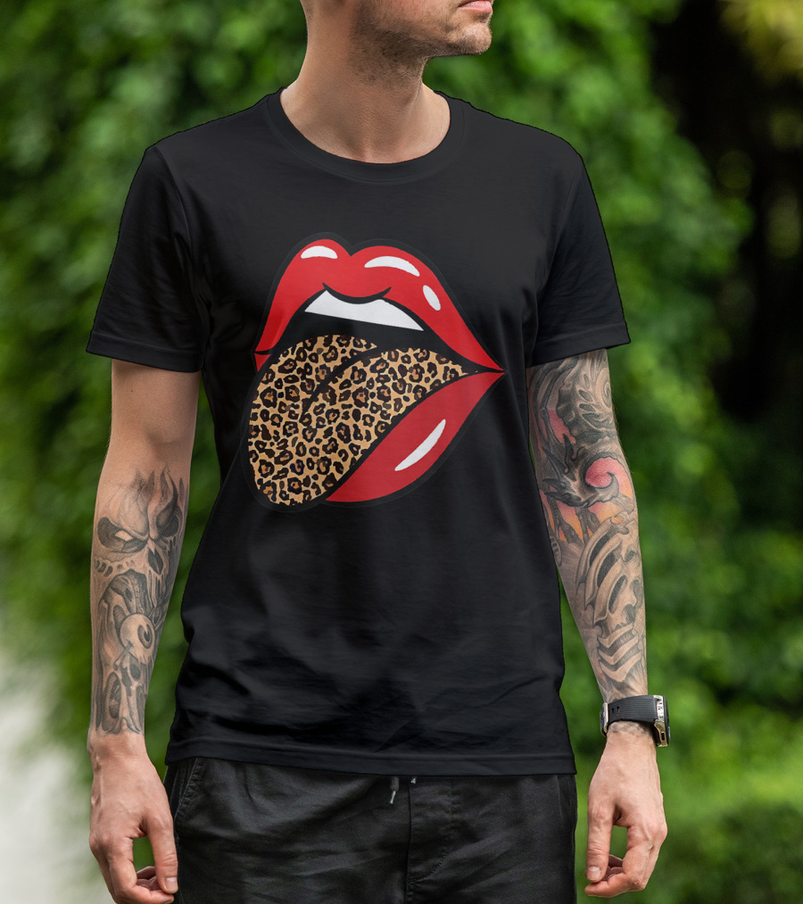 Chic Red Lips Leopard Print Tongue Rock Roll T-Shirt