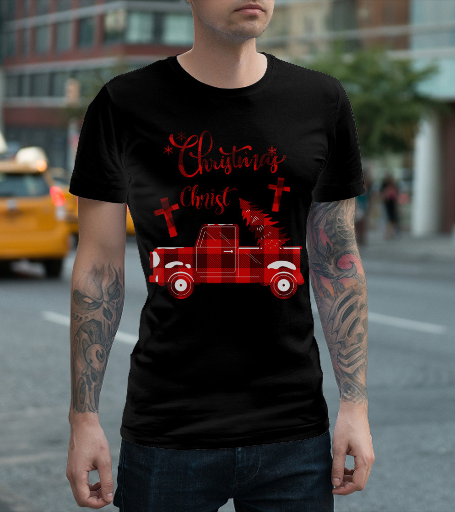 Christmas Begins With Christ Buffalo Plaid Red Truck with Tree and Crosses T-Shirt