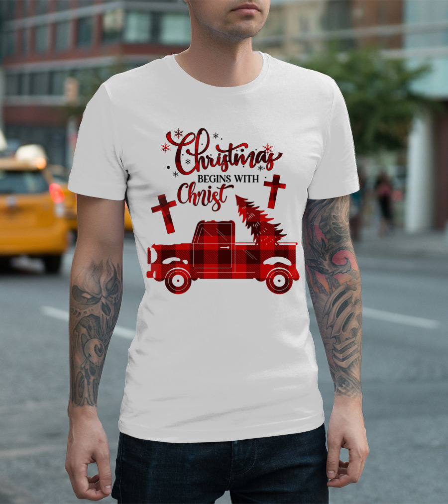 Christmas Begins With Christ Buffalo Plaid Red Truck with Tree and Crosses T-Shirt