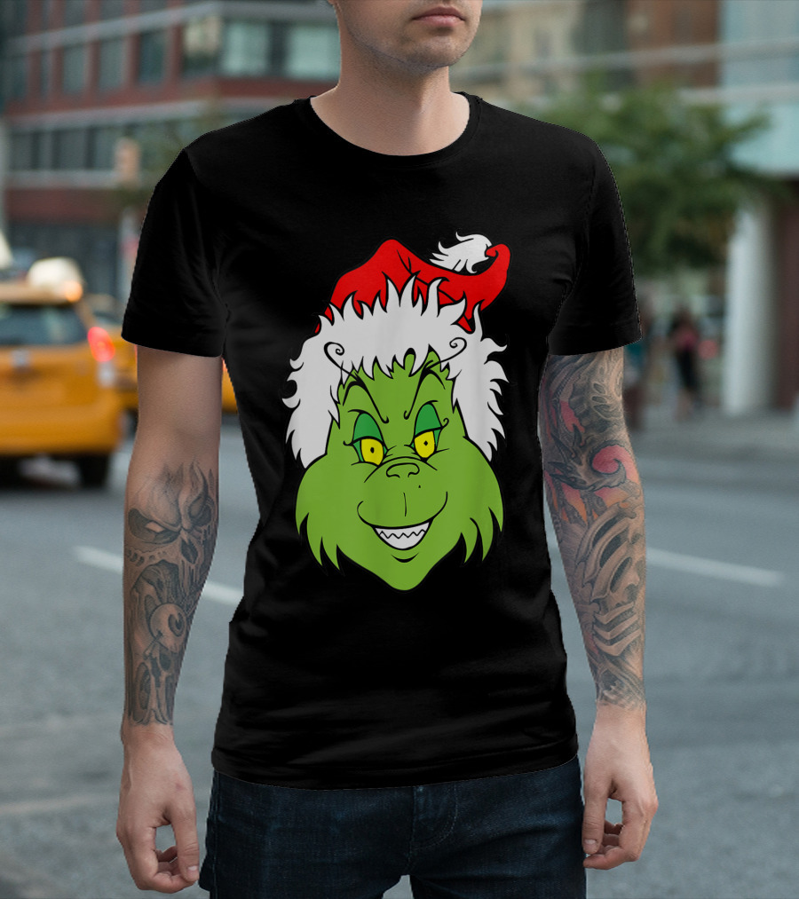 Grinch Christmas Face Santa Hat Smile T-Shirt
