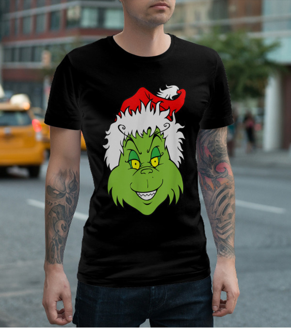 Grinch Christmas Face Santa Hat Smile T-Shirt