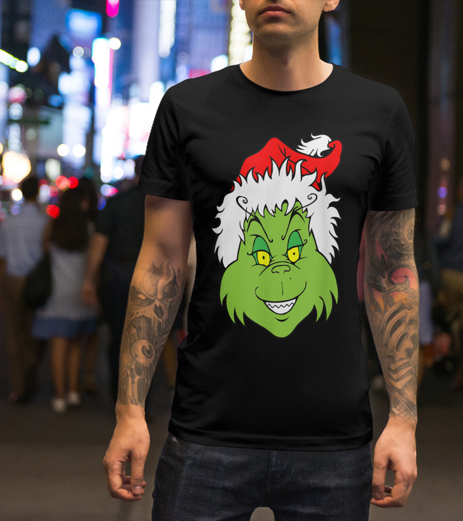 Grinch Christmas Face Santa Hat Smile T-Shirt