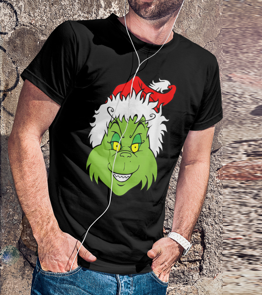 Grinch Christmas Face Santa Hat Smile T-Shirt