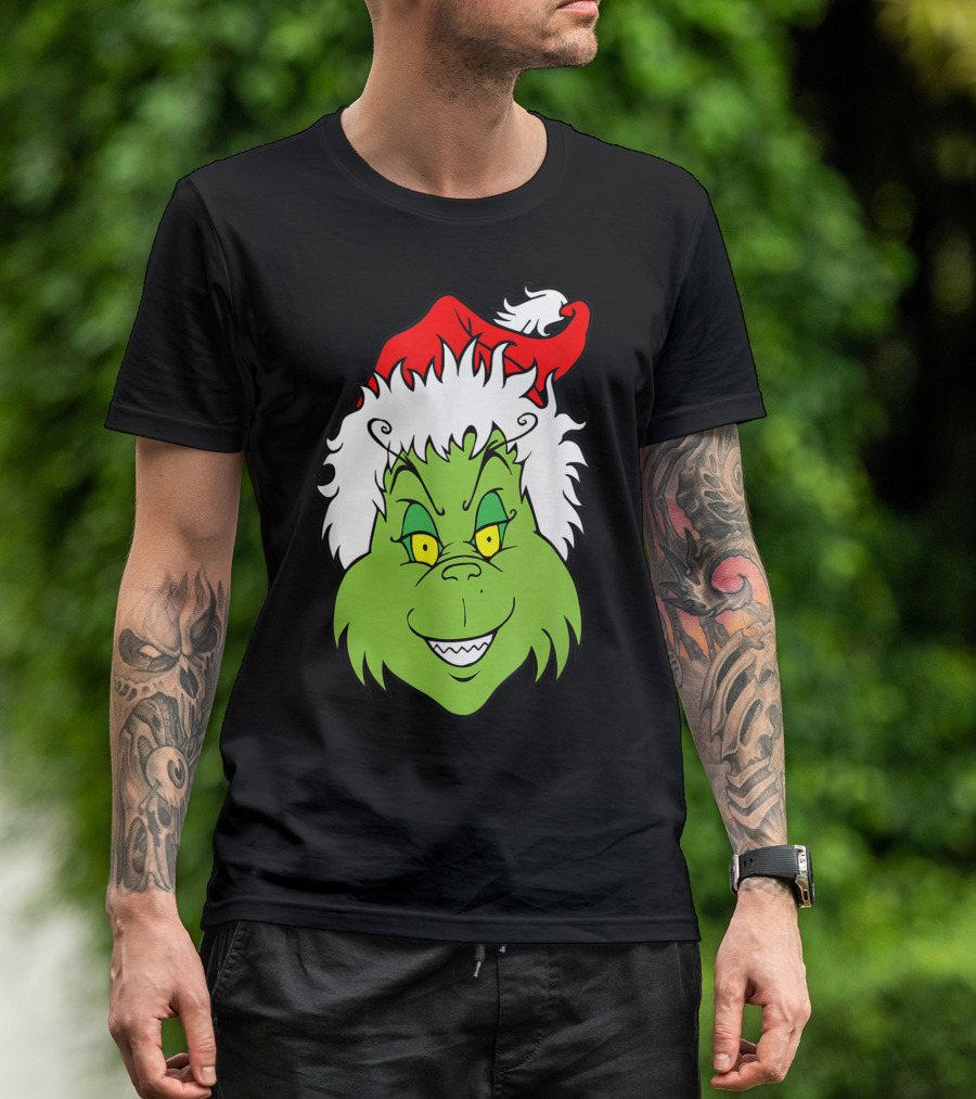 Grinch Christmas Face Santa Hat Smile T-Shirt