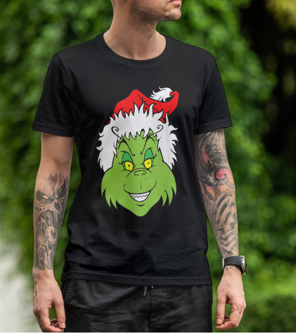 Grinch Christmas Face Santa Hat Smile T-Shirt