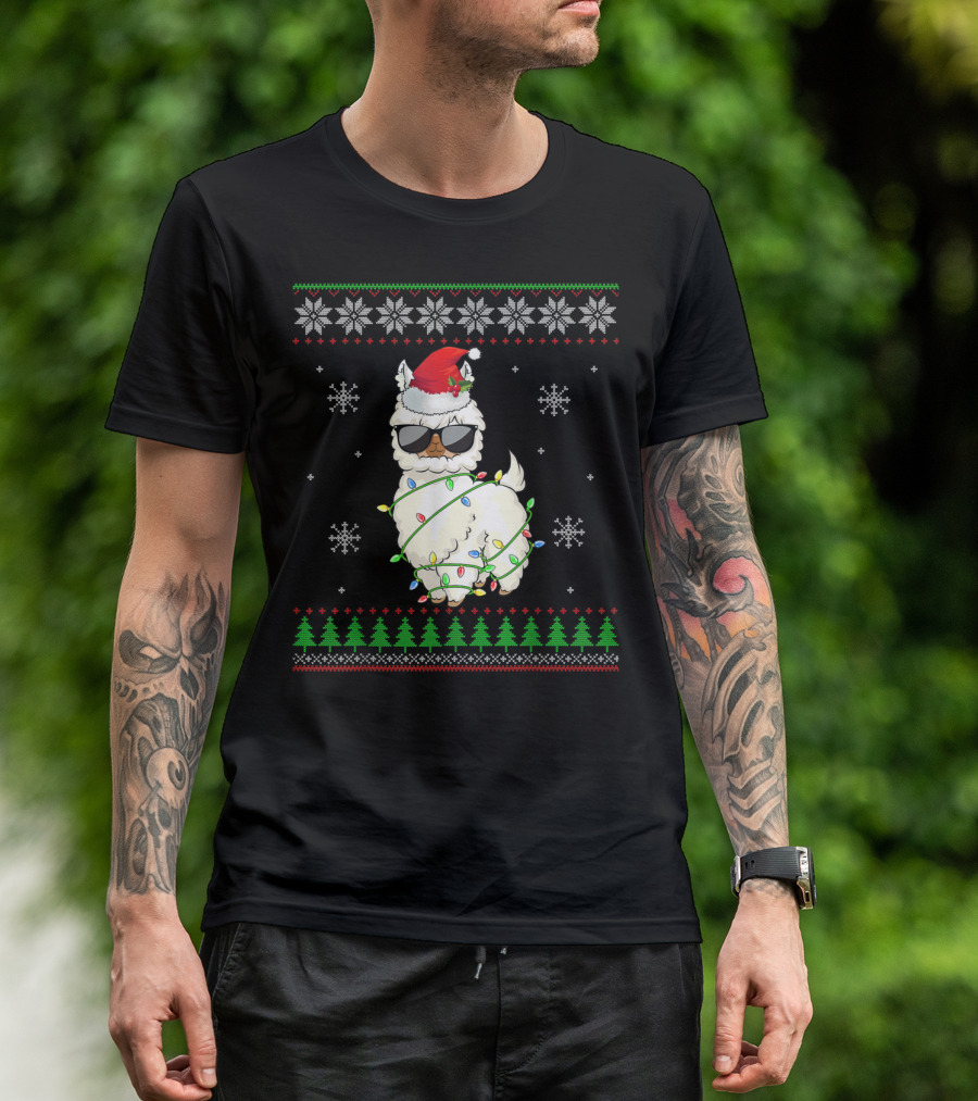 Santa Hat Sunglasses Llama Wrapped In Christmas Lights With Snowflakes And Trees T-Shirt