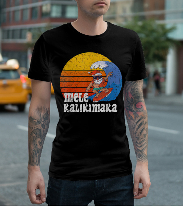 Mele Kalikimaka Surfing Santa Sunset Wave T-Shirt