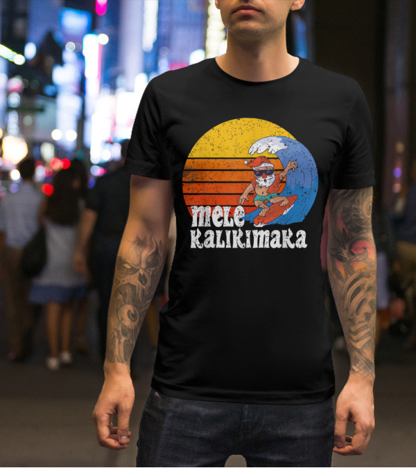 Mele Kalikimaka Surfing Santa Sunset Wave T-Shirt