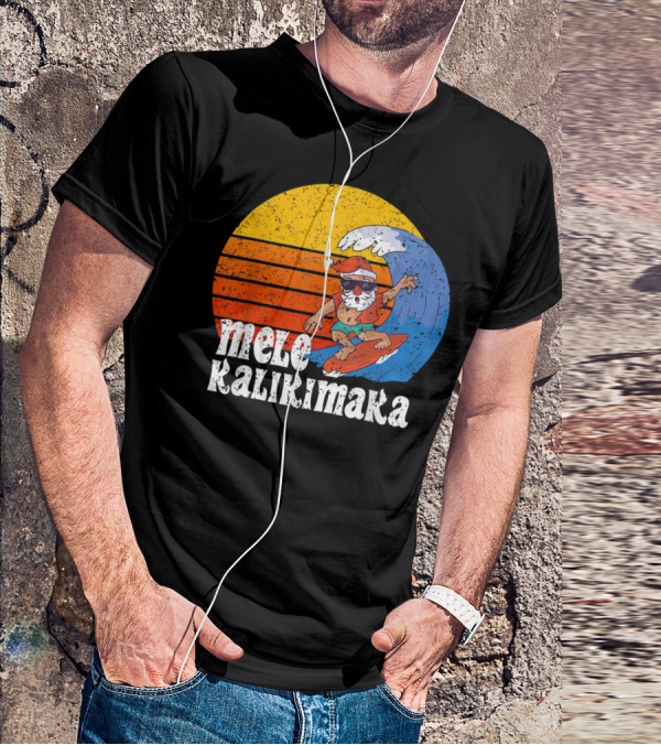 Mele Kalikimaka Surfing Santa Sunset Wave T-Shirt