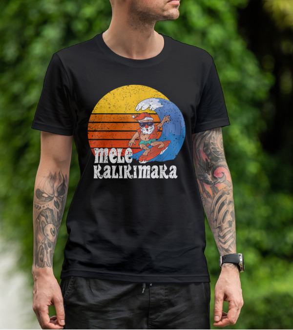 Mele Kalikimaka Surfing Santa Sunset Wave T-Shirt