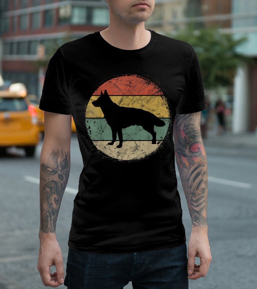 Vintage Circular German Shepherd Silhouette Retro Stripes T-Shirt