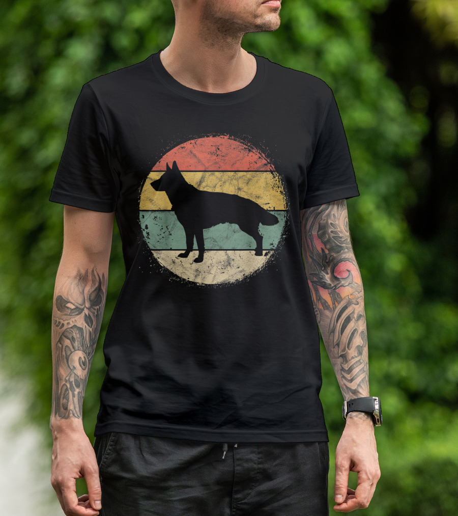 Vintage Circular German Shepherd Silhouette Retro Stripes T-Shirt
