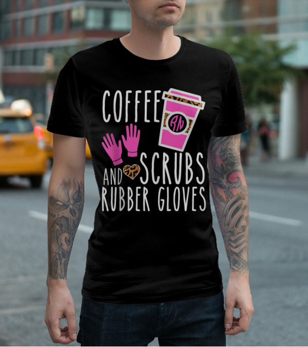 Coffee Scrubs And Rubber Gloves RN Pink Leopard Heart Nursing T-Shirt