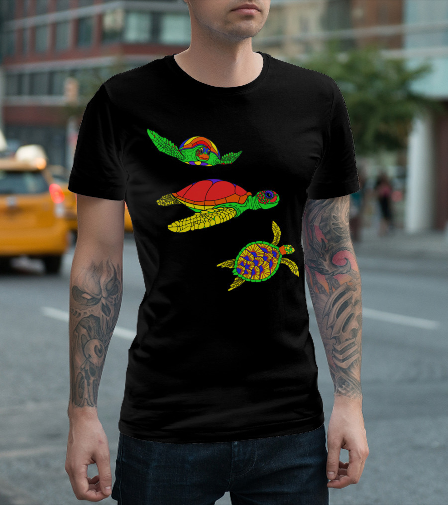 Colorful Swimming Sea Turtle Shell Artful Display T-Shirt