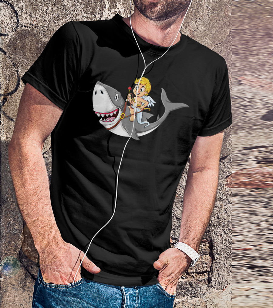 Cupid Riding Shark Valentines Day Iconic Funny Cartoon T-Shirt