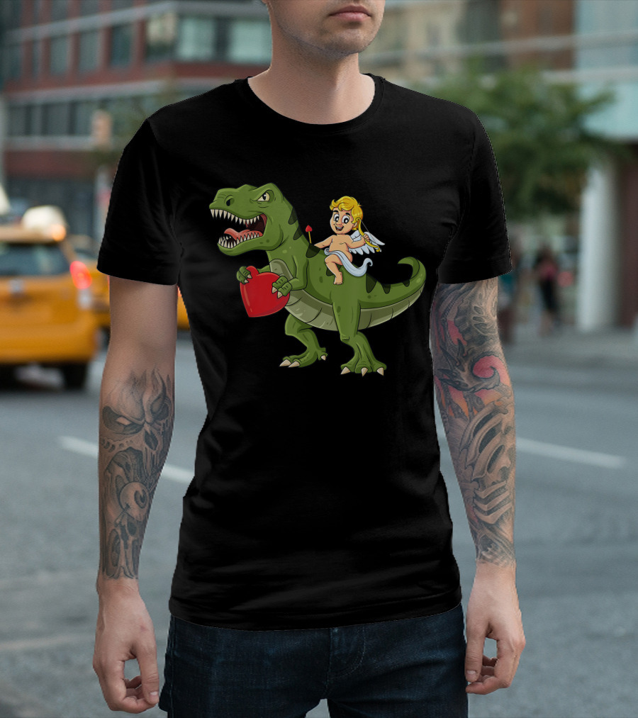 Valentine Cupid On Dinosaur With Heart And Arrow T-Shirt