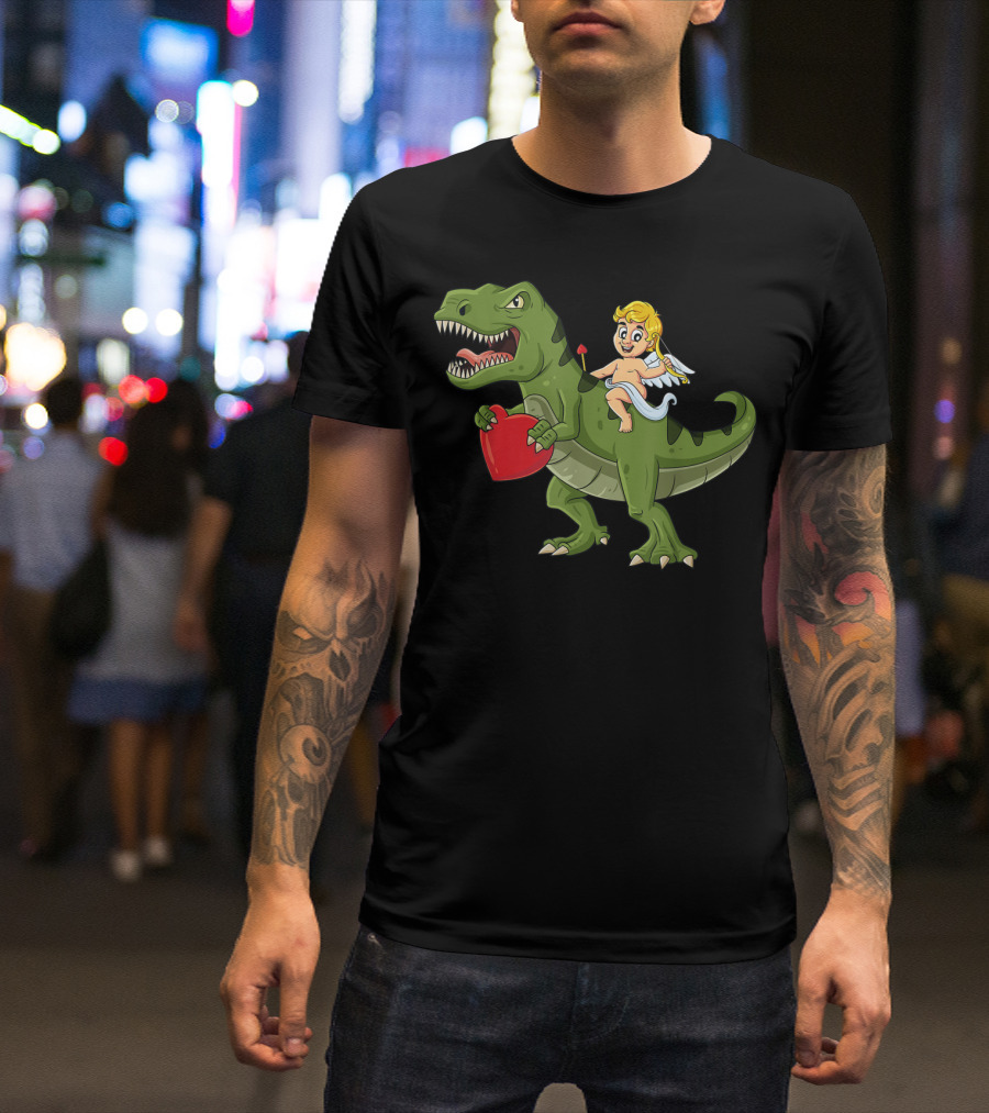 Valentine Cupid On Dinosaur With Heart And Arrow T-Shirt
