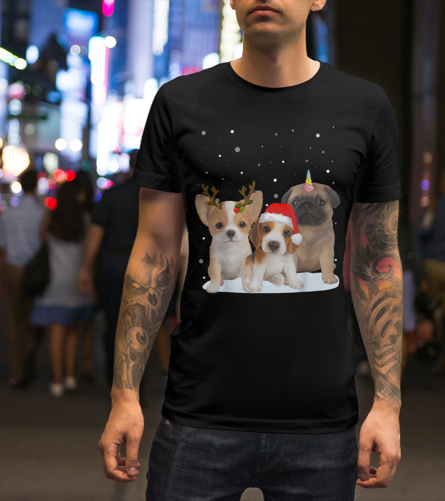 Cute Dogs Reindeer Horns Santa Hat Unicorn Snowflakes T-Shirt