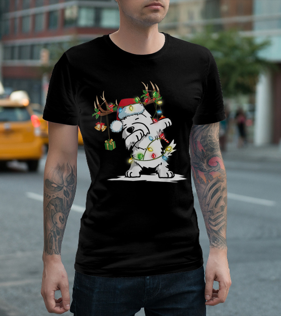 Dabbing Westie Dog Reindeer Lights Santa Hat Christmas Gifts T-Shirt